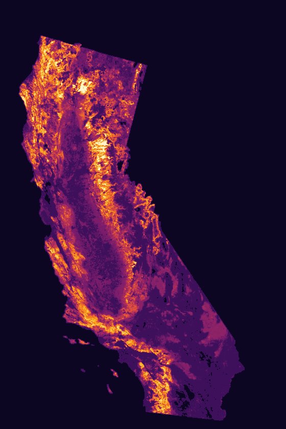Modelled flame length across California for water year 2025, 30 m resolution. The Sierra Nevada crest and the Coast Ranges read bright; the Central Valley is masked out.